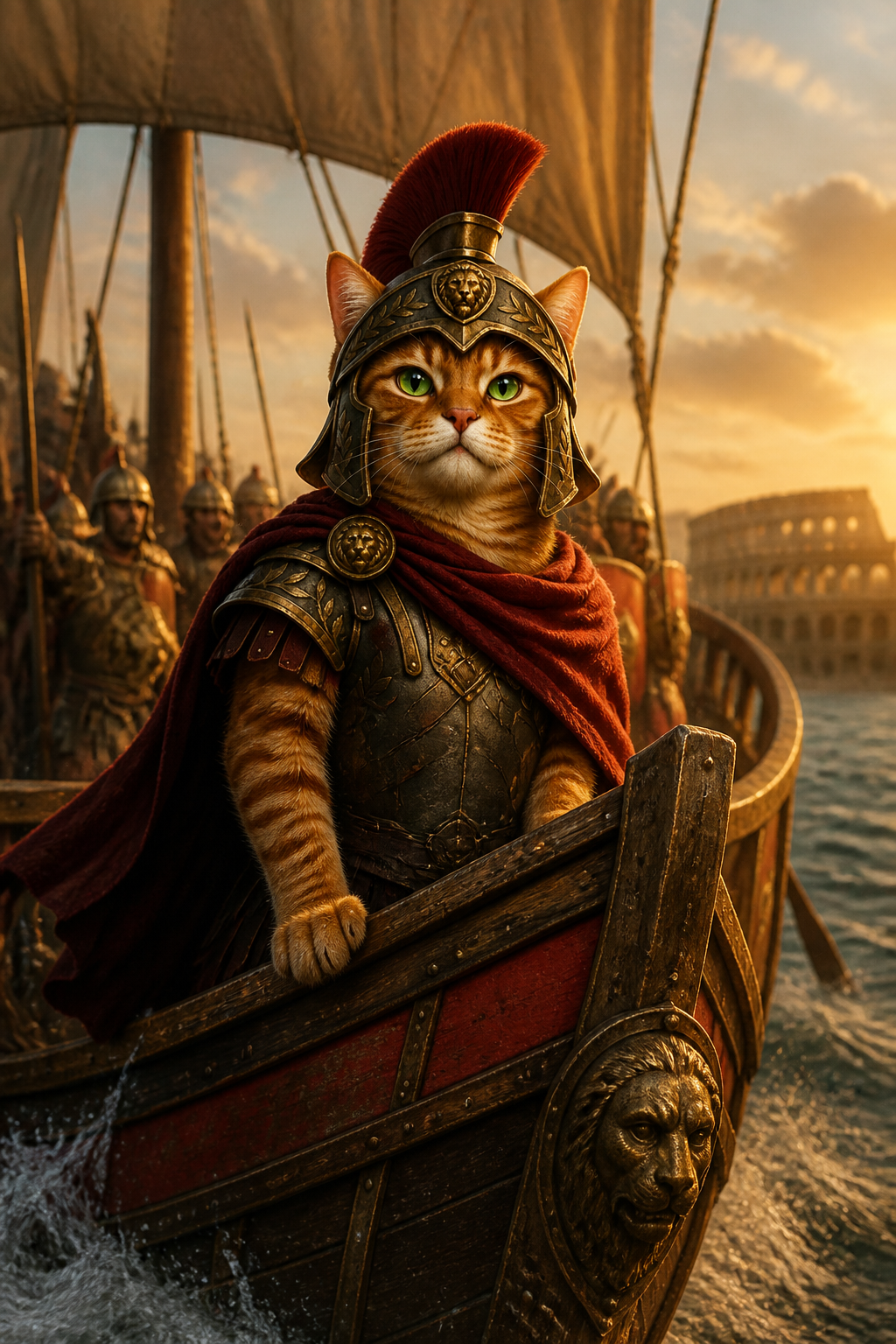Cateus at the bow of the ship at golden hour